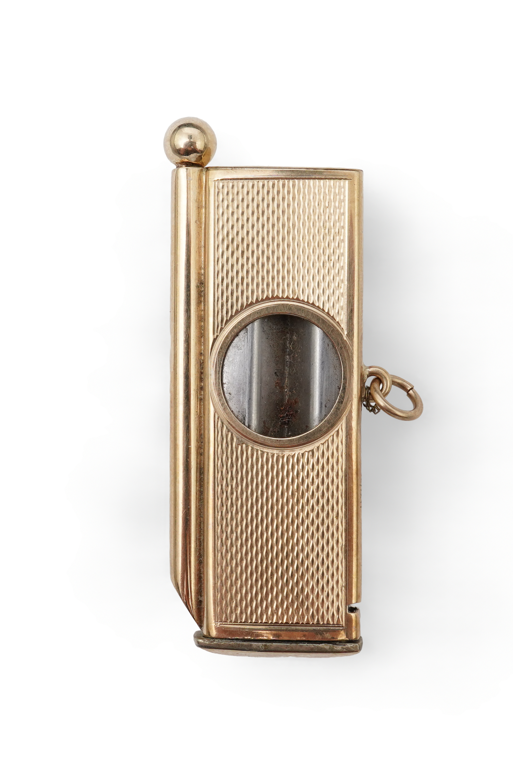 A 9ct gold cigar cutter, circa 1971, with engine turned decoration and corkscrew pin, length 5.7cm, British hallmarks, gross weight approximately 15 grams